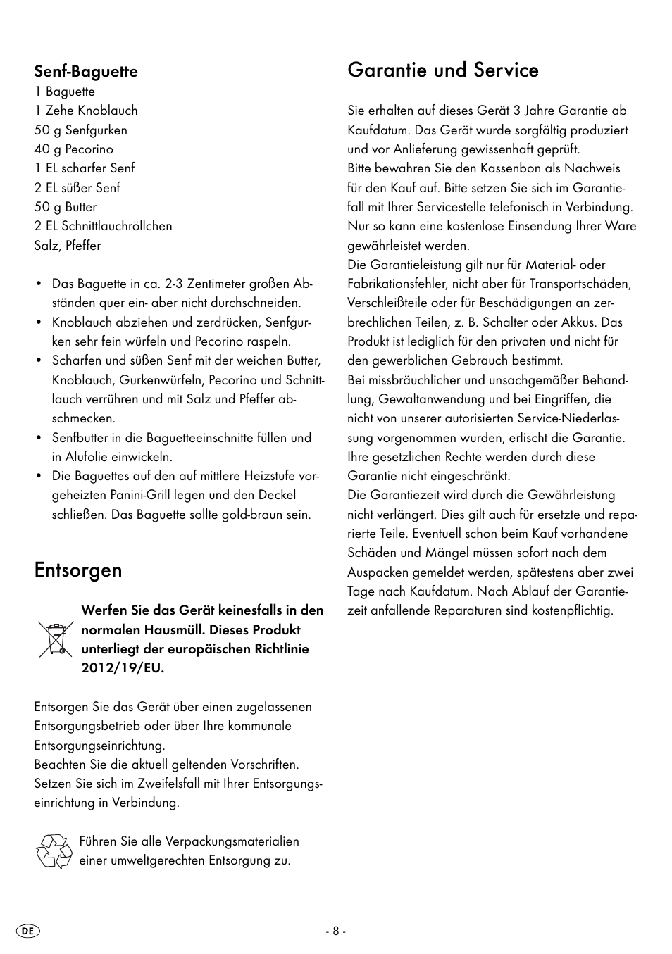Entsorgen, Garantie und service, Senf-baguette | Silvercrest SPM 2000 A2 User Manual | Page 11 / 42