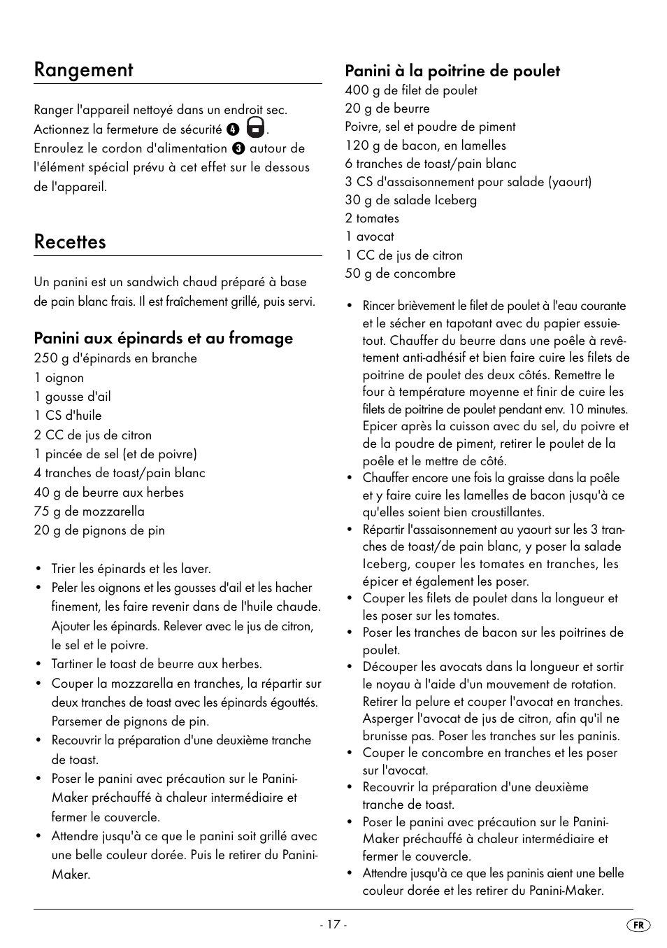 Rangement, Recettes, Panini aux épinards et au fromage | Panini à la poitrine de poulet | Silvercrest SPM 2000 A2 User Manual | Page 20 / 42