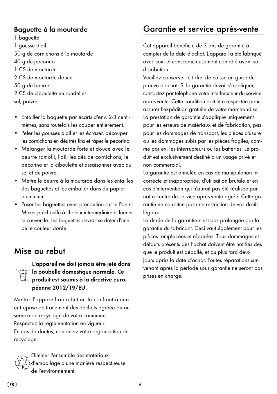 Mise au rebut, Garantie et service après-vente, Baguette à la moutarde | Silvercrest SPM 2000 A2 User Manual | Page 21 / 42