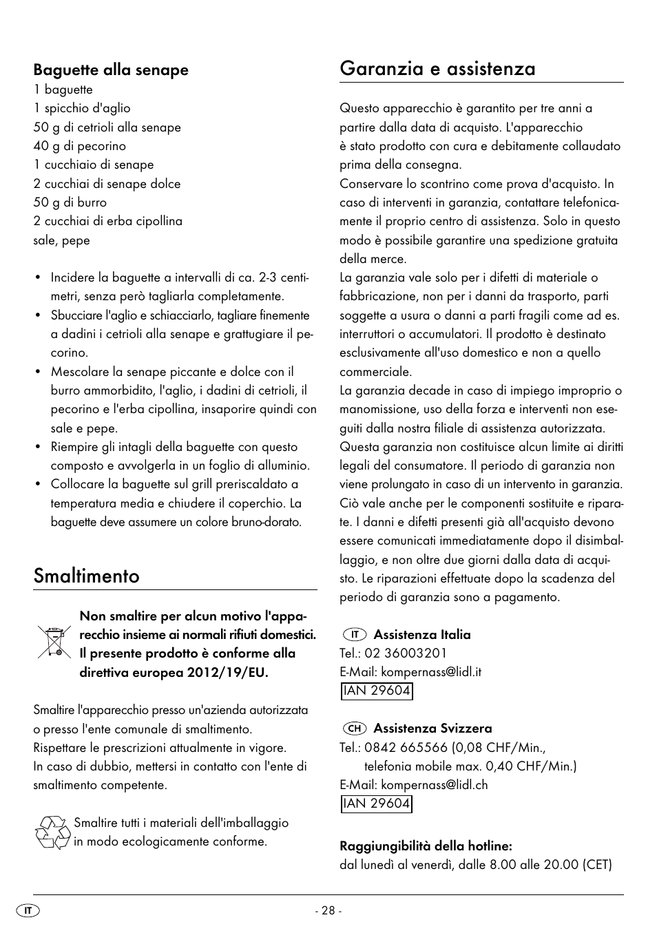 Smaltimento, Garanzia e assistenza, Baguette alla senape | Silvercrest SPM 2000 A2 User Manual | Page 31 / 42