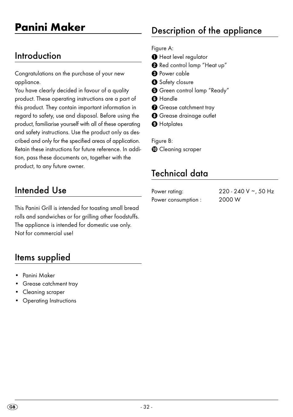 Panini maker, Introduction, Intended use | Items supplied, Description of the appliance, Technical data | Silvercrest SPM 2000 A2 User Manual | Page 35 / 42