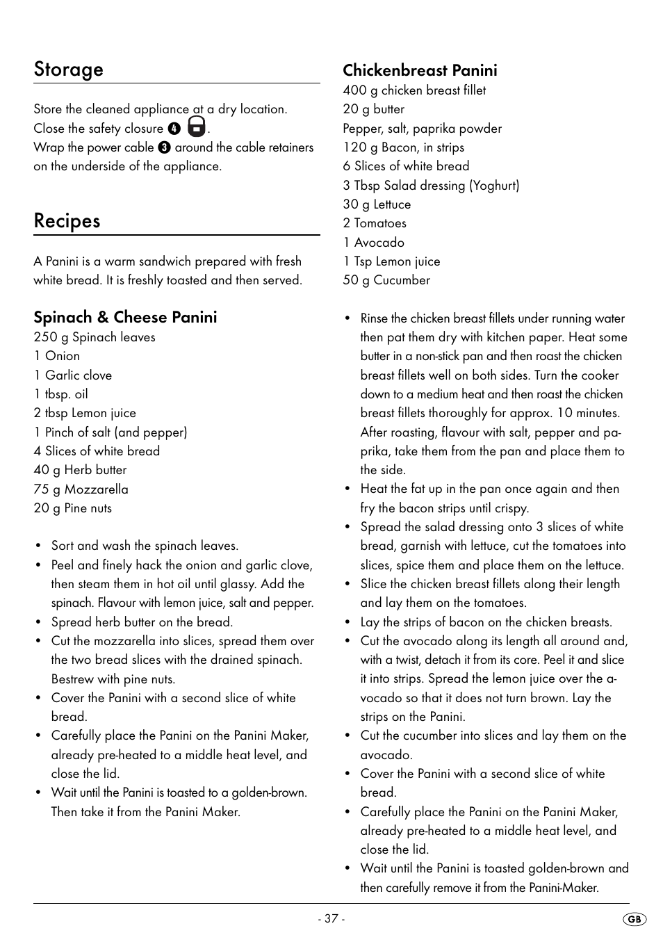 Storage, Recipes, Spinach & cheese panini | Chickenbreast panini | Silvercrest SPM 2000 A2 User Manual | Page 40 / 42