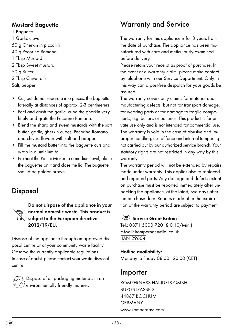 Disposal, Warranty and service, Importer | Mustard baguette | Silvercrest SPM 2000 A2 User Manual | Page 41 / 42