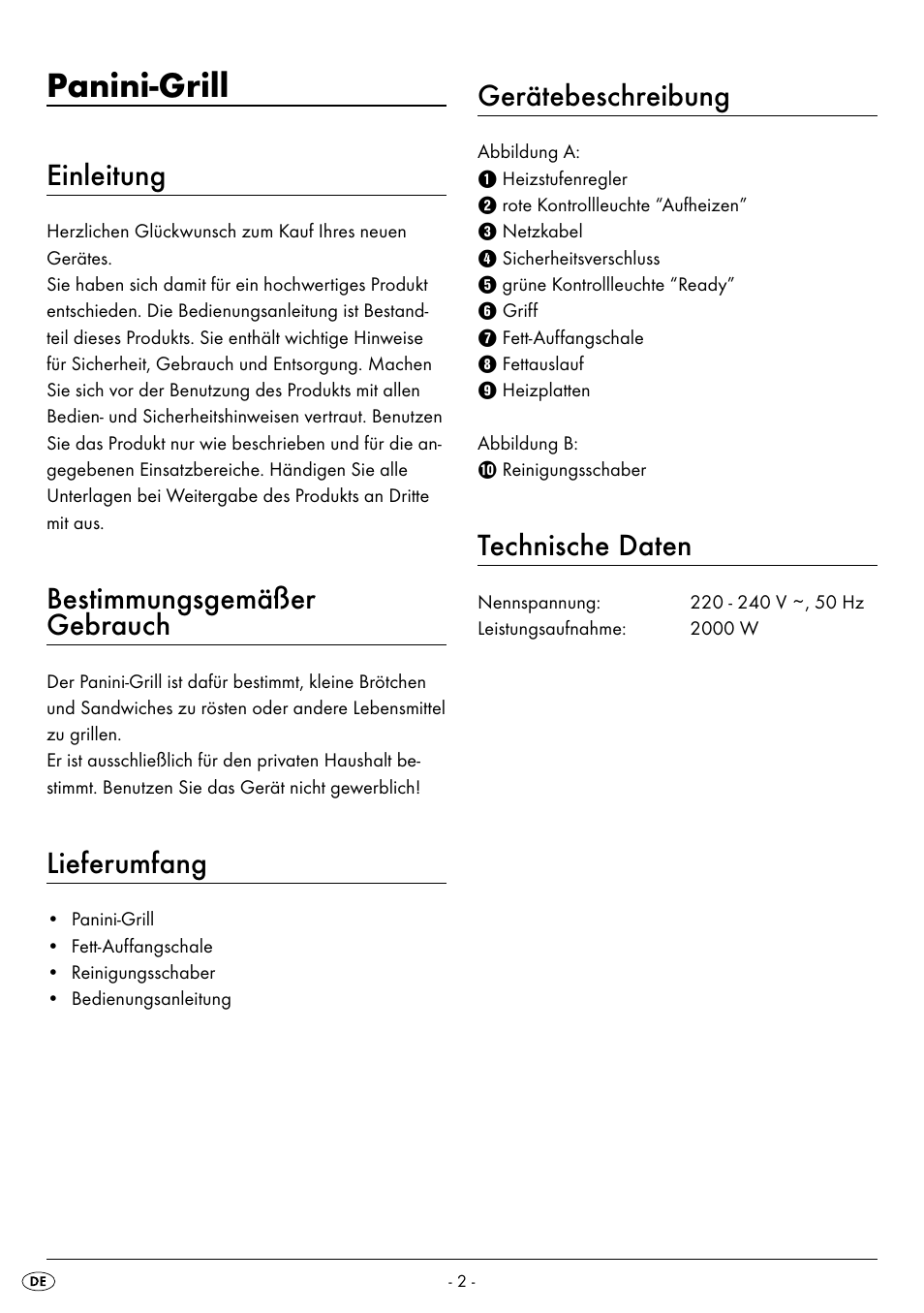 Panini-grill, Einleitung, Bestimmungsgemäßer gebrauch | Lieferumfang, Gerätebeschreibung, Technische daten | Silvercrest SPM 2000 A2 User Manual | Page 5 / 42