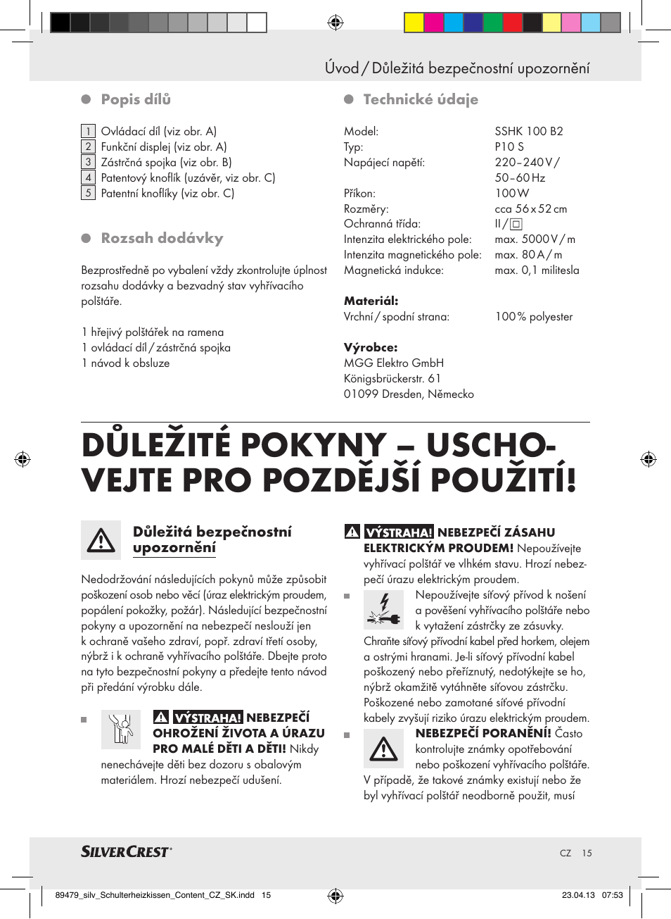 Úvod / důležitá bezpečnostní upozornění | Silvercrest SSHK 100 B2 User Manual | Page 15 / 37