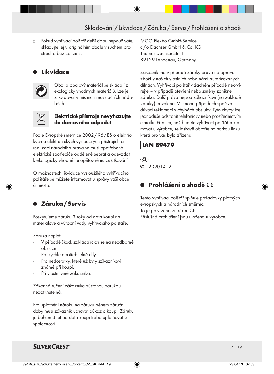 Likvidace, Záruka / servis, Prohlášení o shodě | Silvercrest SSHK 100 B2 User Manual | Page 19 / 37