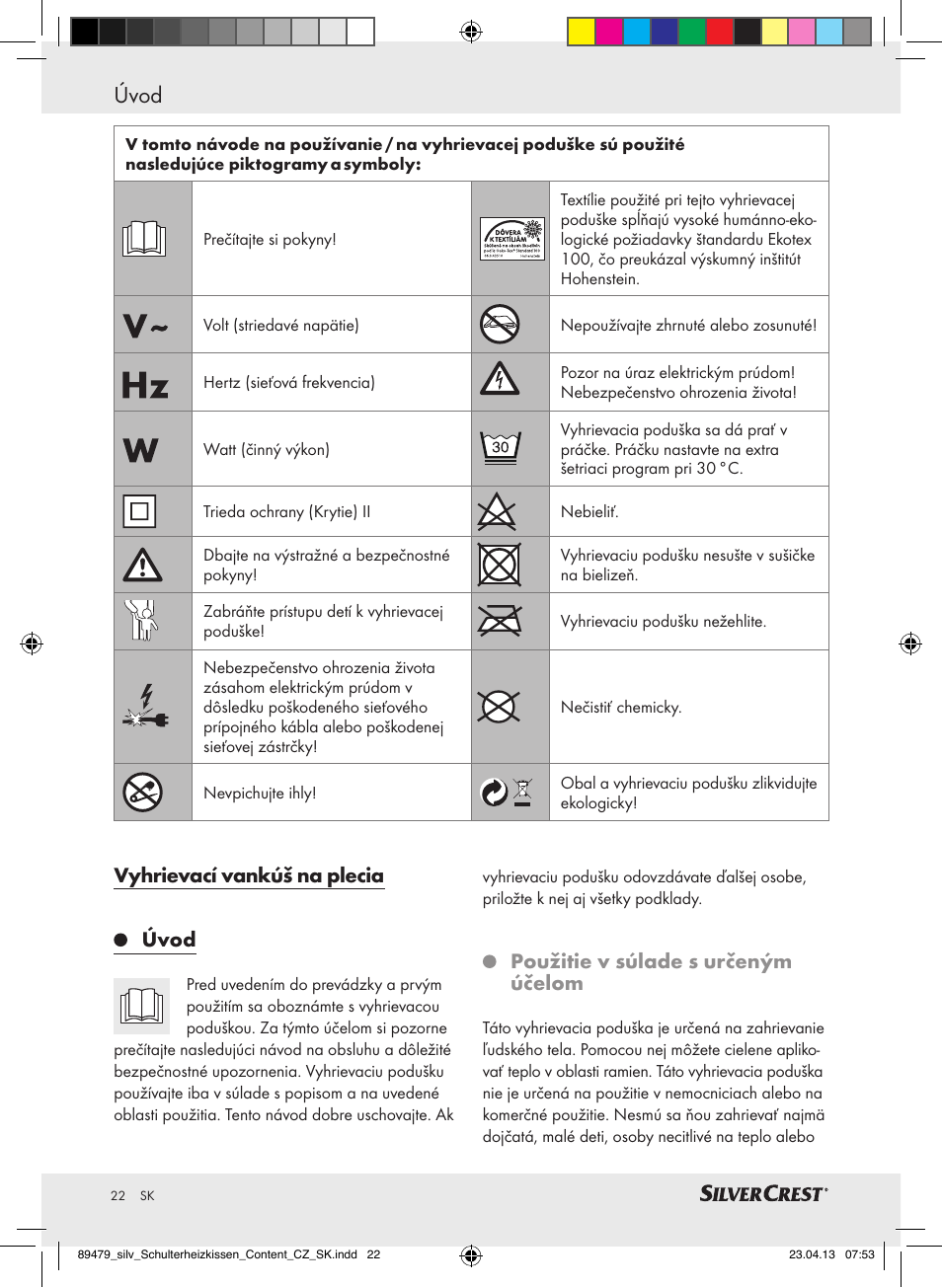 Úvod, Vyhrievací vankúš na plecia úvod, Použitie v súlade s určeným účelom | Silvercrest SSHK 100 B2 User Manual | Page 22 / 37