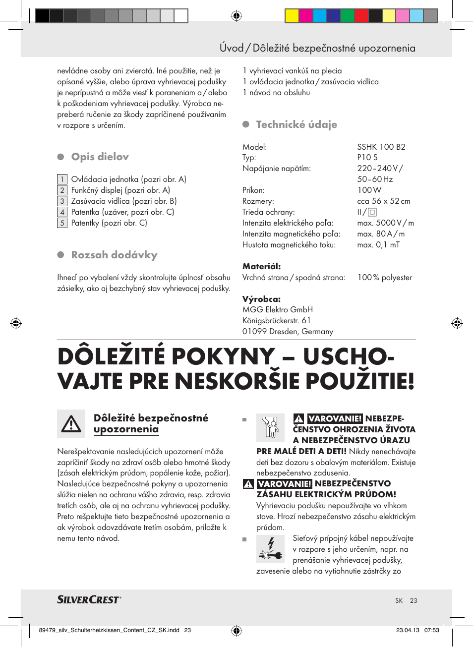 Úvod / dôležité bezpečnostné upozornenia | Silvercrest SSHK 100 B2 User Manual | Page 23 / 37
