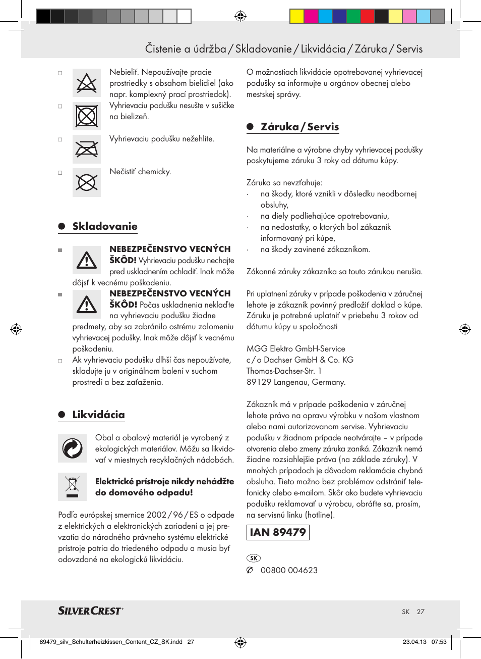 Skladovanie, Likvidácia, Záruka / servis | Silvercrest SSHK 100 B2 User Manual | Page 27 / 37