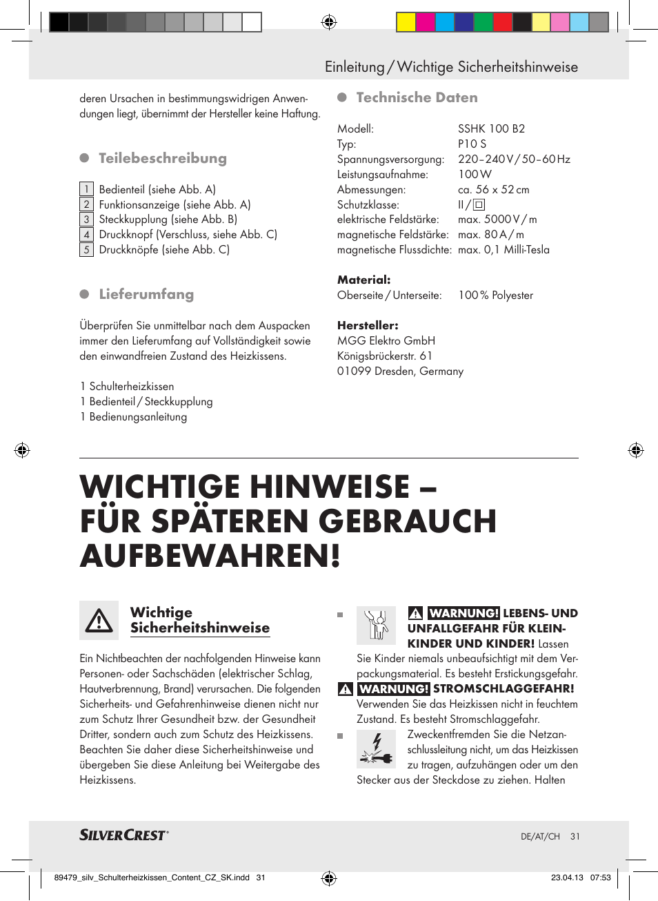 Einleitung / wichtige sicherheitshinweise | Silvercrest SSHK 100 B2 User Manual | Page 31 / 37