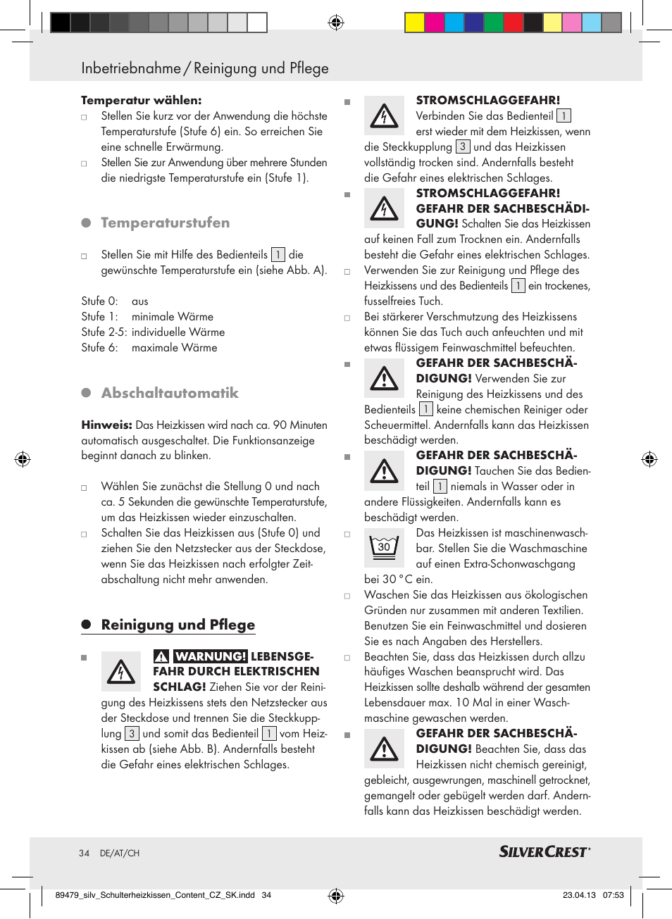 Inbetriebnahme / reinigung und pflege, Temperaturstufen, Abschaltautomatik | Reinigung und pflege | Silvercrest SSHK 100 B2 User Manual | Page 34 / 37