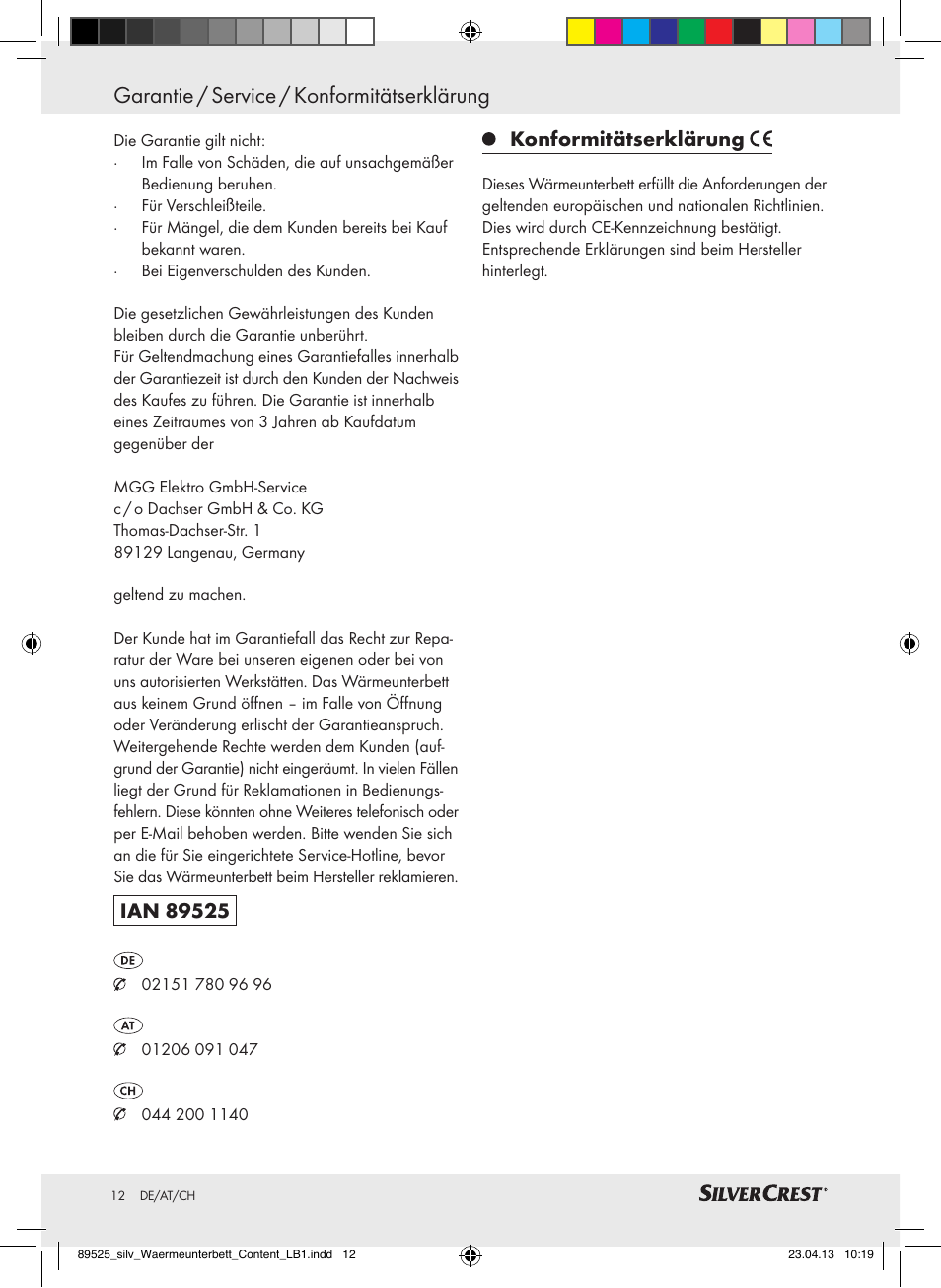 Garantie / service / konformitätserklärung, Konformitätserklärung | Silvercrest SWUB 85 B2 User Manual | Page 12 / 45