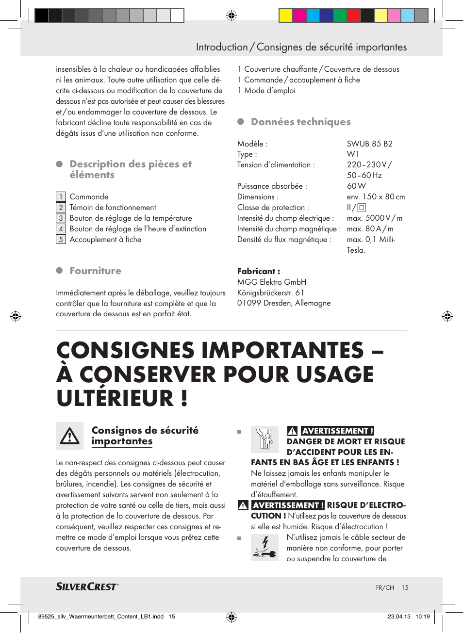 Introduction / consignes de sécurité importantes | Silvercrest SWUB 85 B2 User Manual | Page 15 / 45
