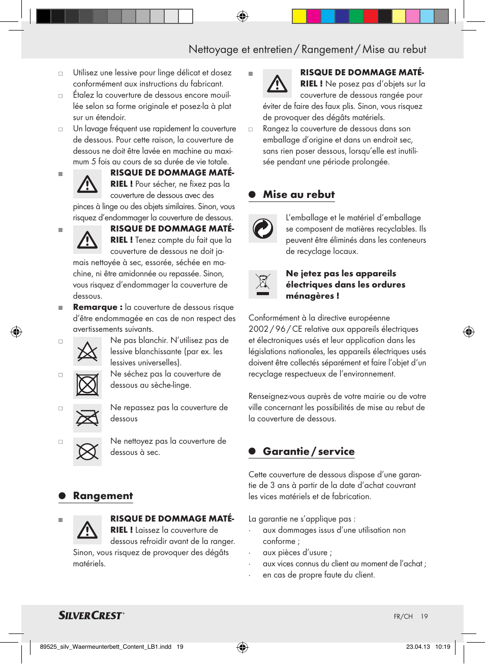 Nettoyage et entretien / rangement / mise au rebut, Rangement, Mise au rebut | Garantie / service | Silvercrest SWUB 85 B2 User Manual | Page 19 / 45