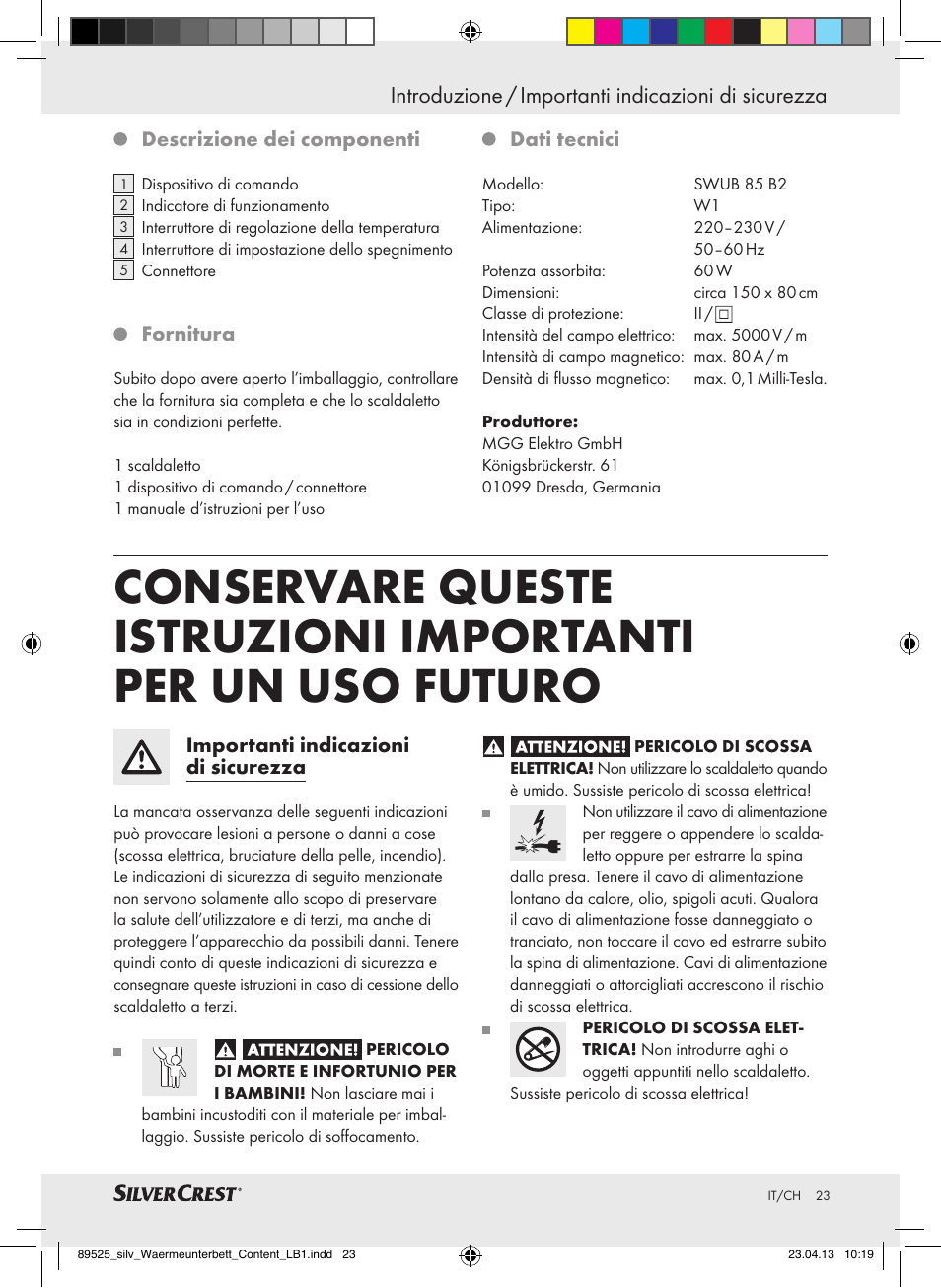 Introduzione / importanti indicazioni di sicurezza | Silvercrest SWUB 85 B2 User Manual | Page 23 / 45
