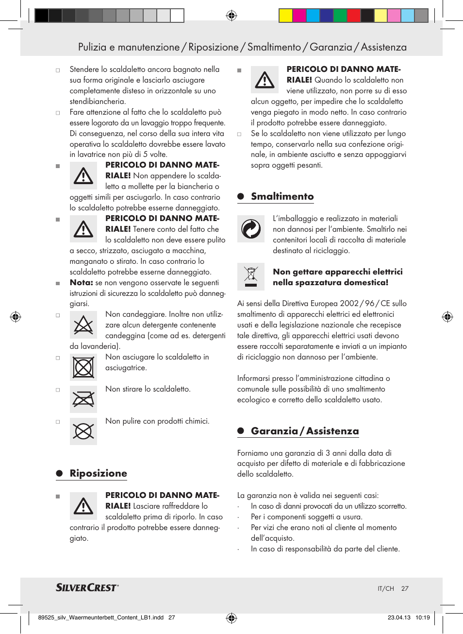 Riposizione, Smaltimento, Garanzia / assistenza | Silvercrest SWUB 85 B2 User Manual | Page 27 / 45