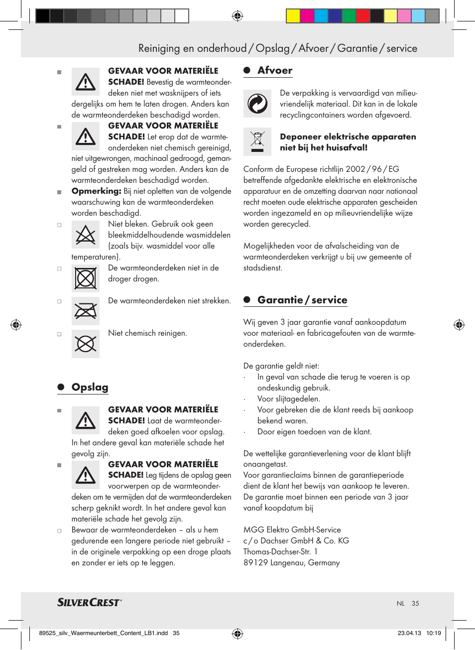 Opslag, Afvoer, Garantie / service | Silvercrest SWUB 85 B2 User Manual | Page 35 / 45