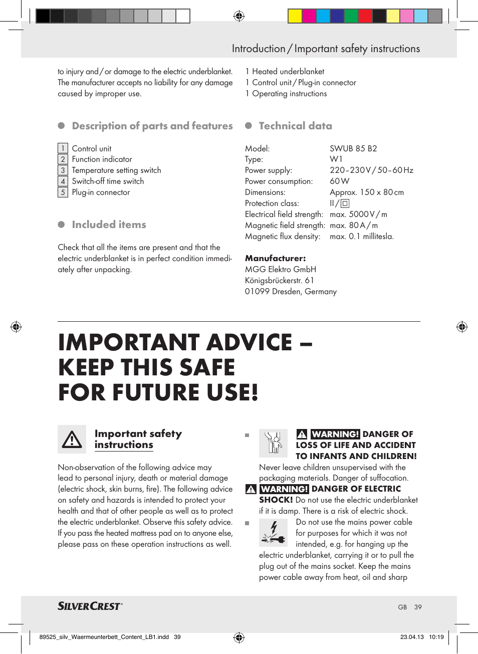 Important advice – keep this safe for future use, Introduction / important safety instructions | Silvercrest SWUB 85 B2 User Manual | Page 39 / 45