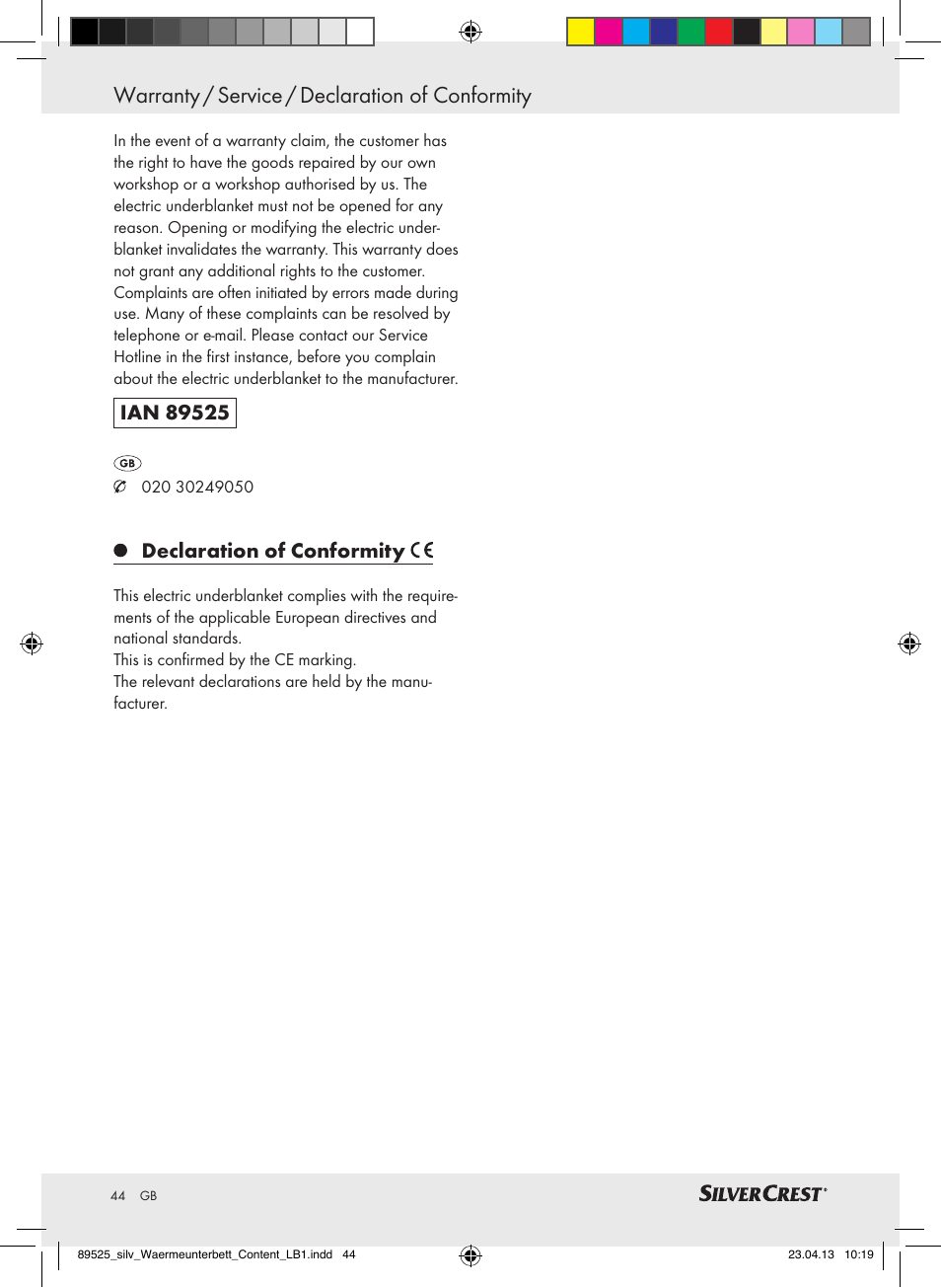 Warranty / service / declaration of conformity, Declaration of conformity | Silvercrest SWUB 85 B2 User Manual | Page 44 / 45