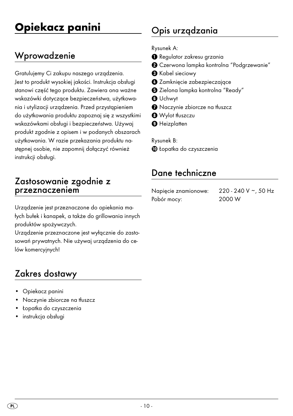 Opiekacz panini, Wprowadzenie, Zastosowanie zgodnie z przeznaczeniem | Zakres dostawy, Opis urządzania, Dane techniczne | Silvercrest SPM 2000 A2 User Manual | Page 13 / 65