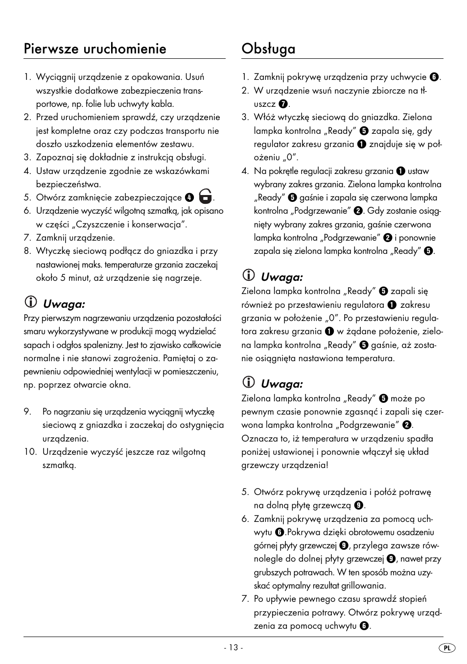 Pierwsze uruchomienie, Obsługa, Uwaga | Silvercrest SPM 2000 A2 User Manual | Page 16 / 65