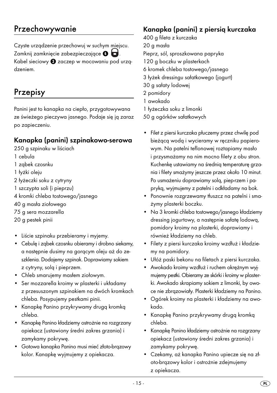 Przechowywanie, Przepisy, Kanapka (panini) szpinakowo-serowa | Kanapka (panini) z piersią kurczaka | Silvercrest SPM 2000 A2 User Manual | Page 18 / 65