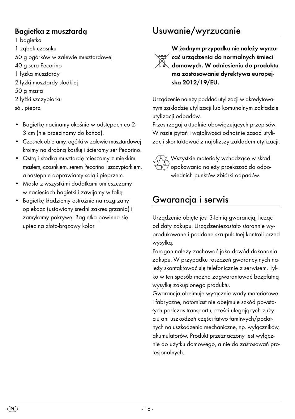 Usuwanie/wyrzucanie, Gwarancja i serwis, Bagietka z musztardą | Silvercrest SPM 2000 A2 User Manual | Page 19 / 65