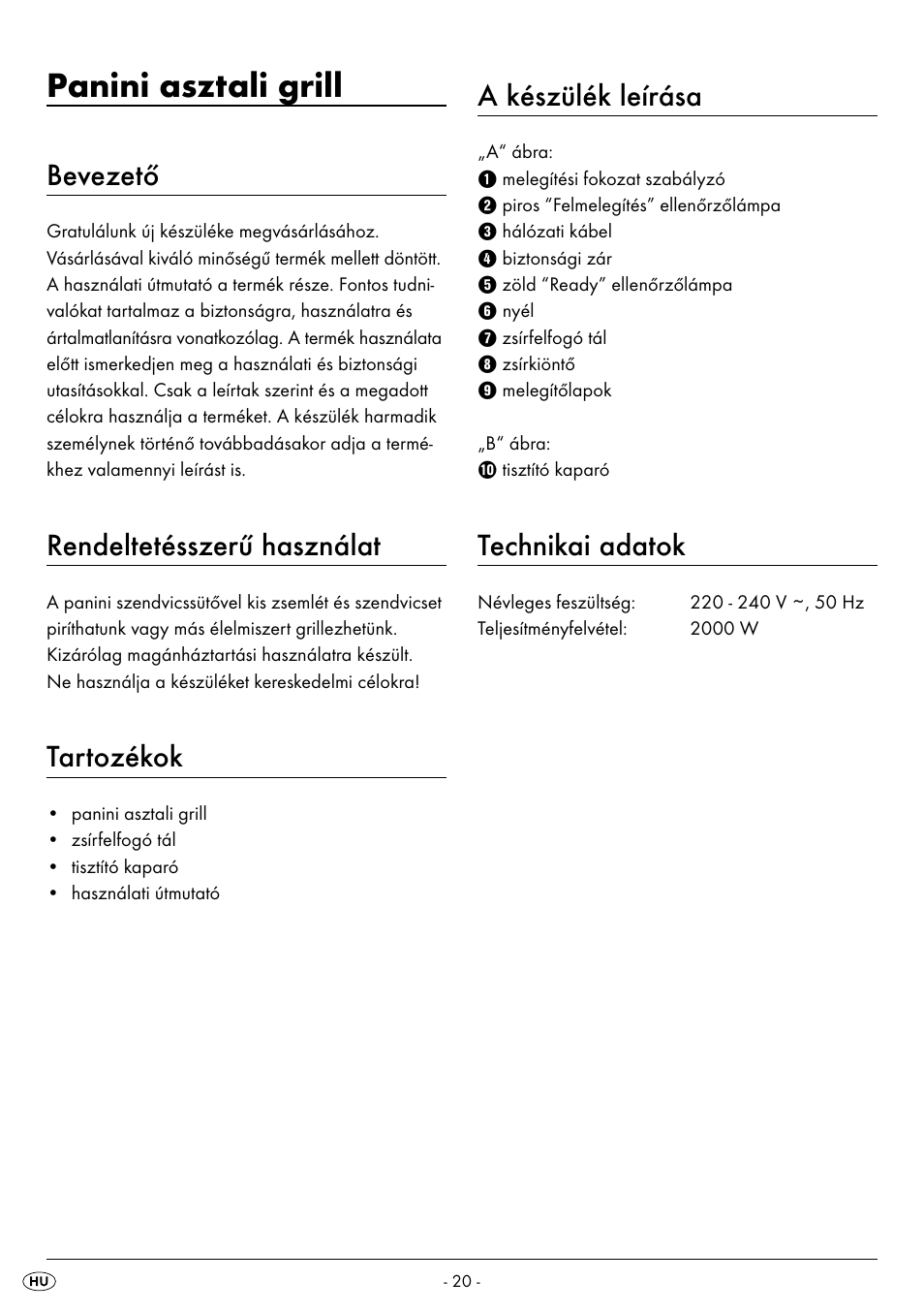 Panini asztali grill, Bevezető, Rendeltetésszerű használat | Tartozékok, A készülék leírása, Technikai adatok | Silvercrest SPM 2000 A2 User Manual | Page 23 / 65
