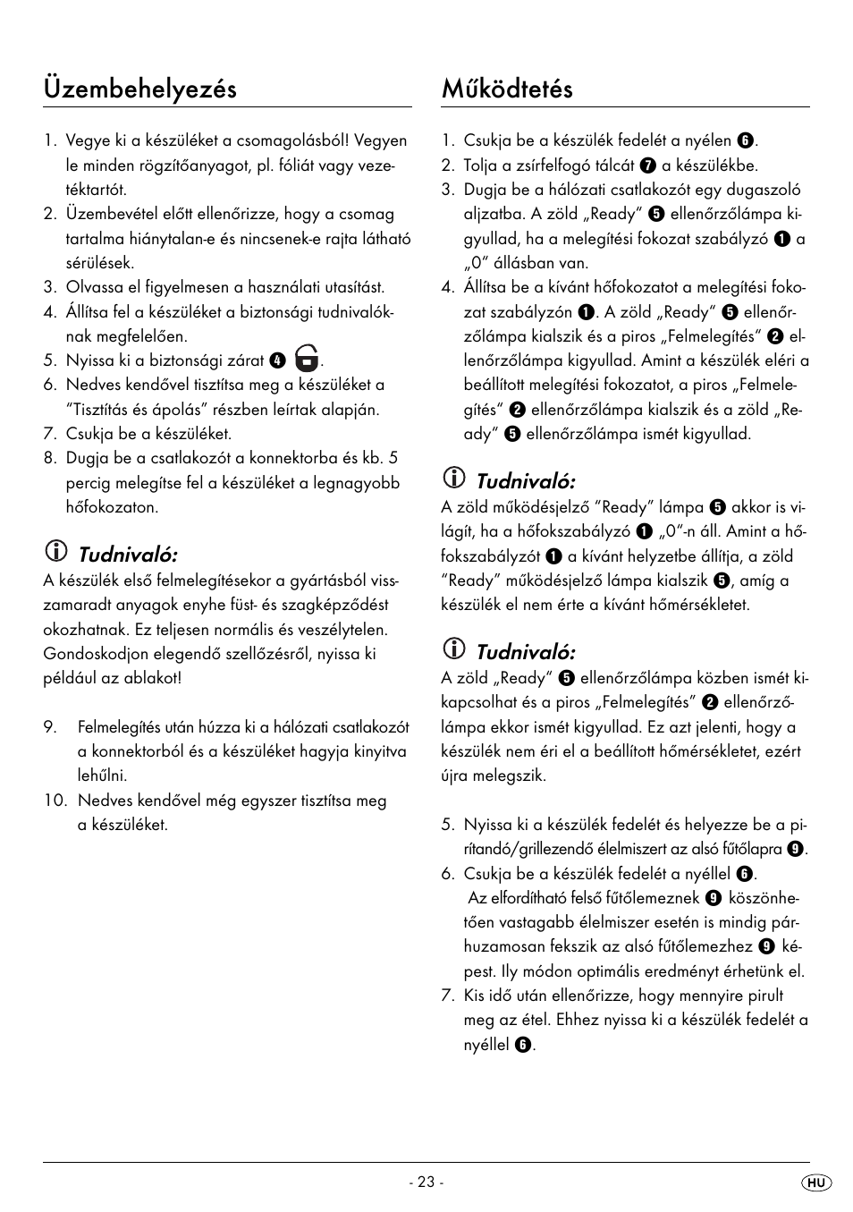 Üzembehelyezés, Működtetés, Tudnivaló | Silvercrest SPM 2000 A2 User Manual | Page 26 / 65