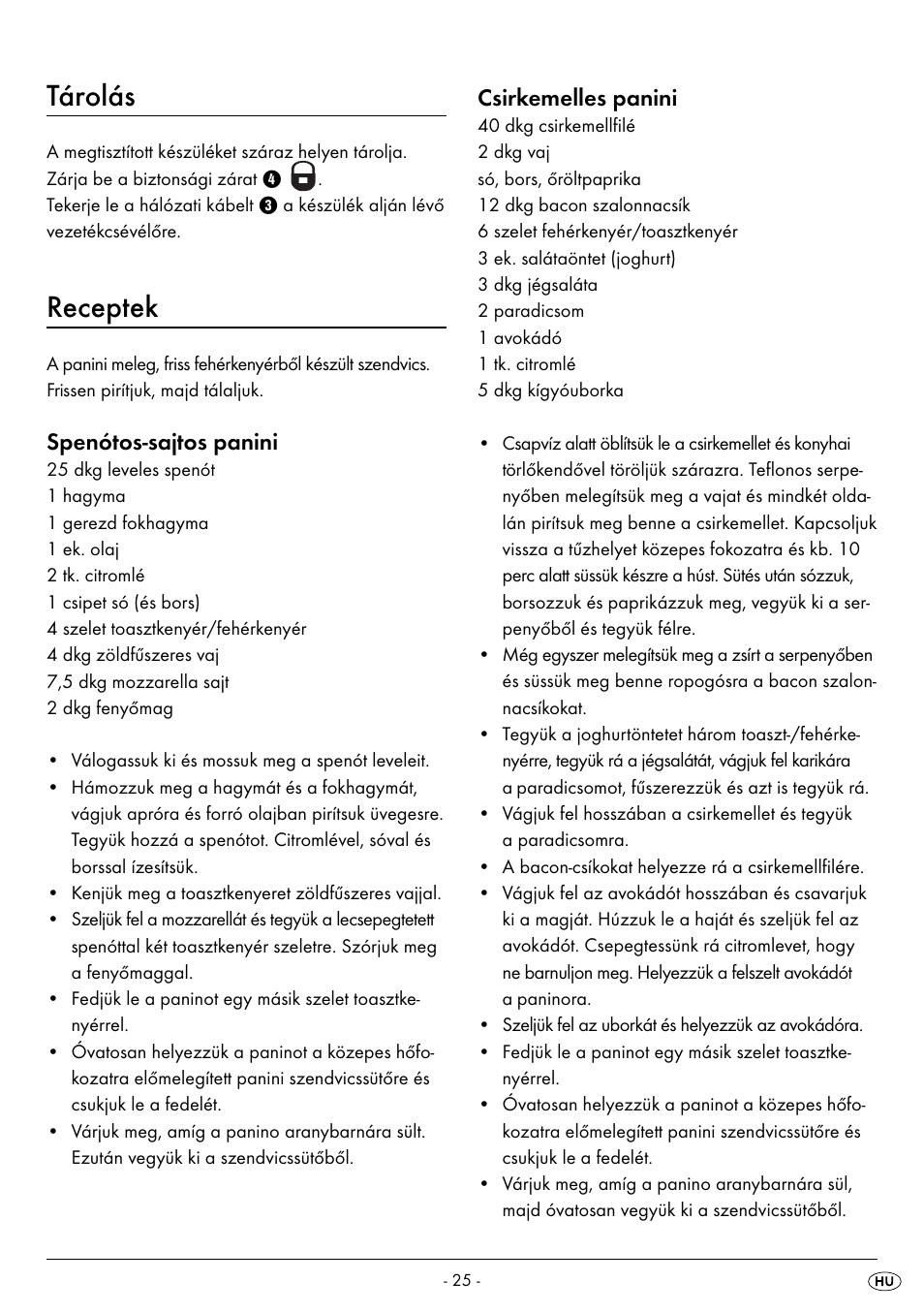 Tárolás, Receptek, Spenótos-sajtos panini | Csirkemelles panini | Silvercrest SPM 2000 A2 User Manual | Page 28 / 65