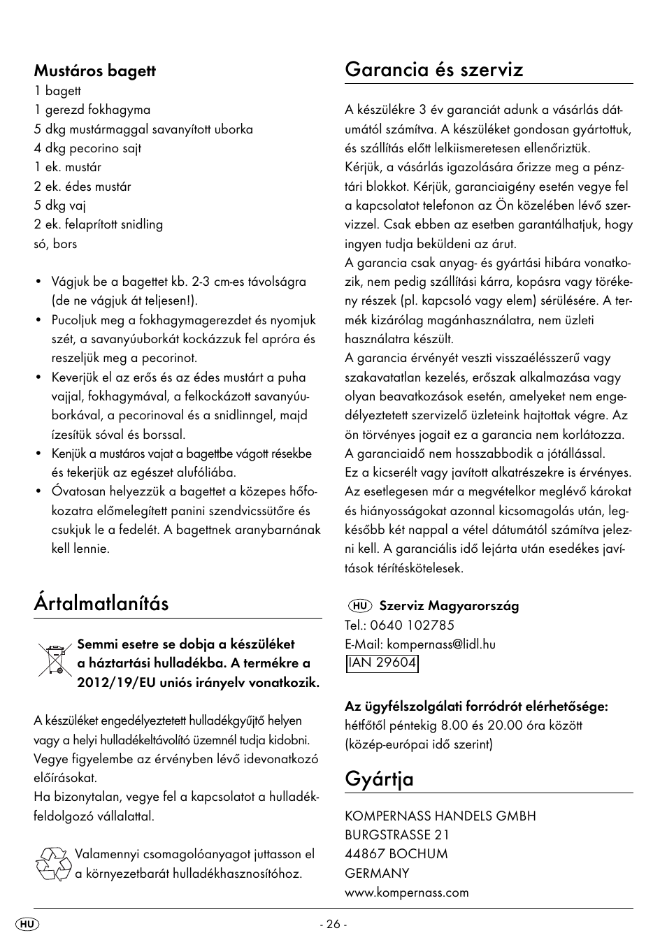 Ártalmatlanítás, Garancia és szerviz, Gyártja | Mustáros bagett | Silvercrest SPM 2000 A2 User Manual | Page 29 / 65