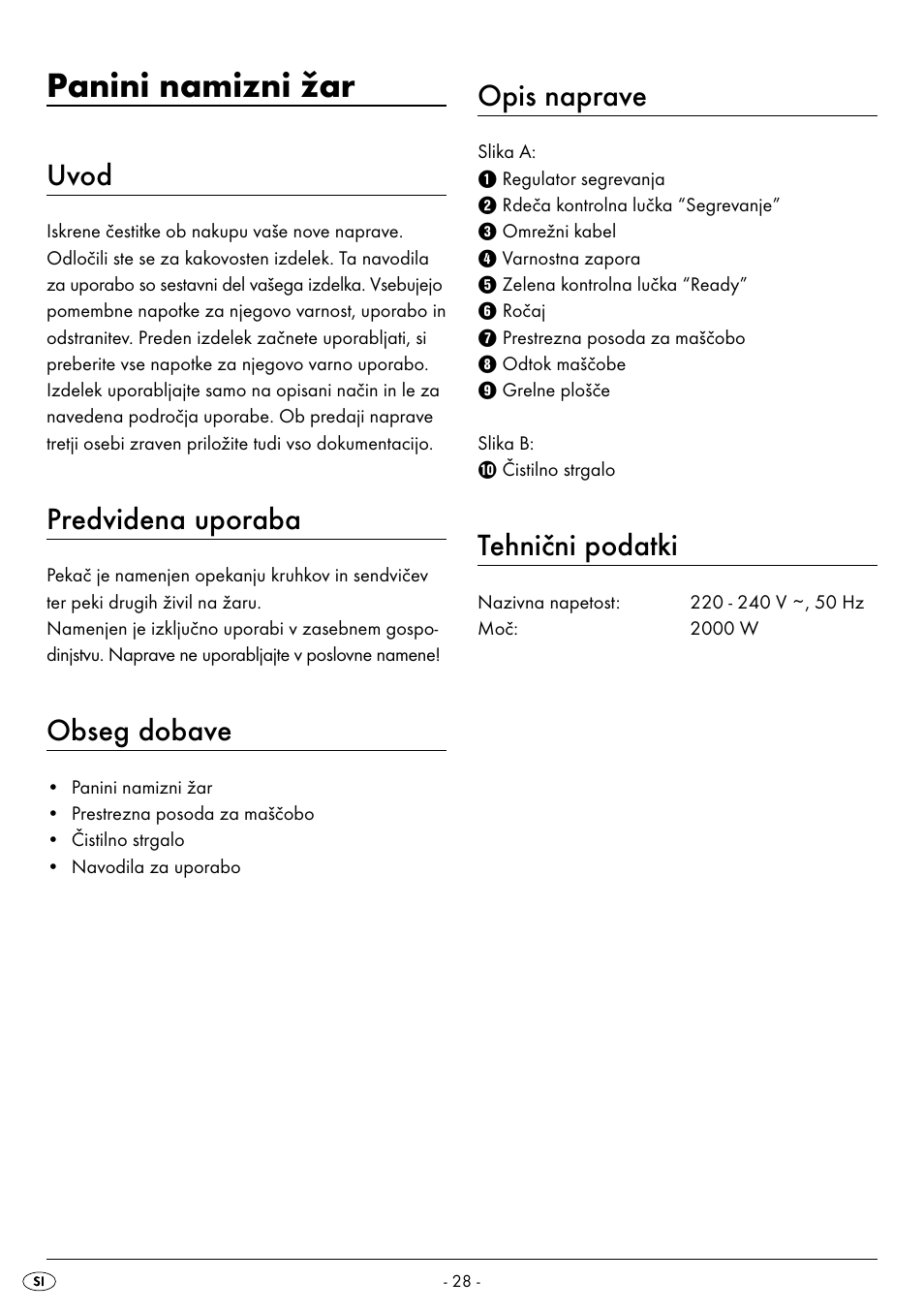 Panini namizni žar, Uvod, Predvidena uporaba | Obseg dobave, Opis naprave, Tehnični podatki | Silvercrest SPM 2000 A2 User Manual | Page 31 / 65