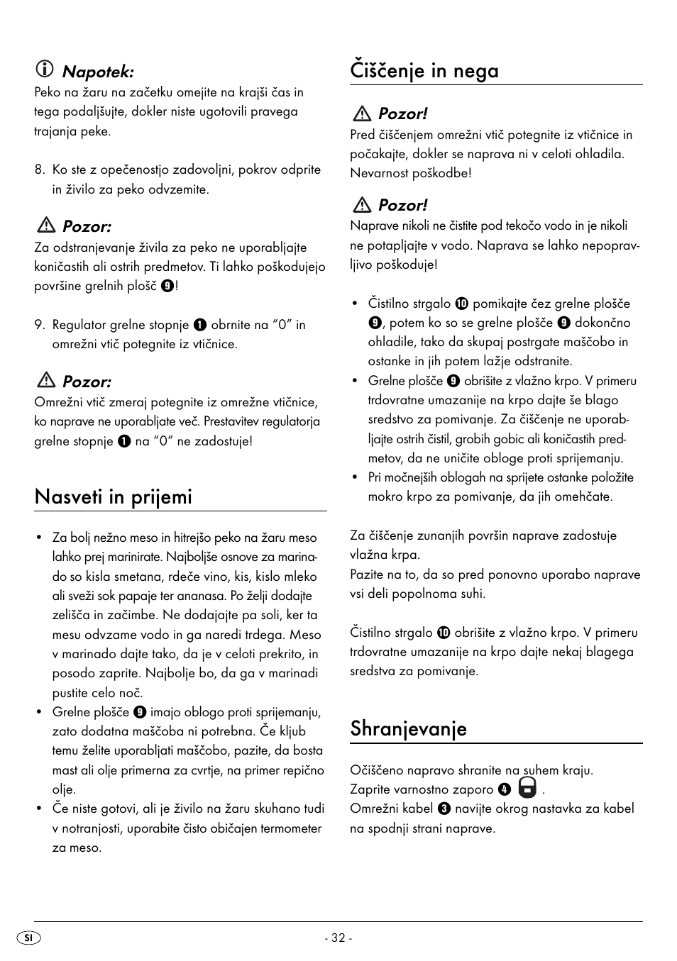 Nasveti in prijemi, Čiščenje in nega, Shranjevanje | Napotek, Pozor | Silvercrest SPM 2000 A2 User Manual | Page 35 / 65