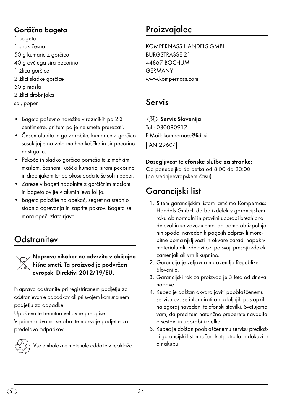 Odstranitev, Proizvajalec, Servis | Garancijski list, Gorčična bageta | Silvercrest SPM 2000 A2 User Manual | Page 37 / 65
