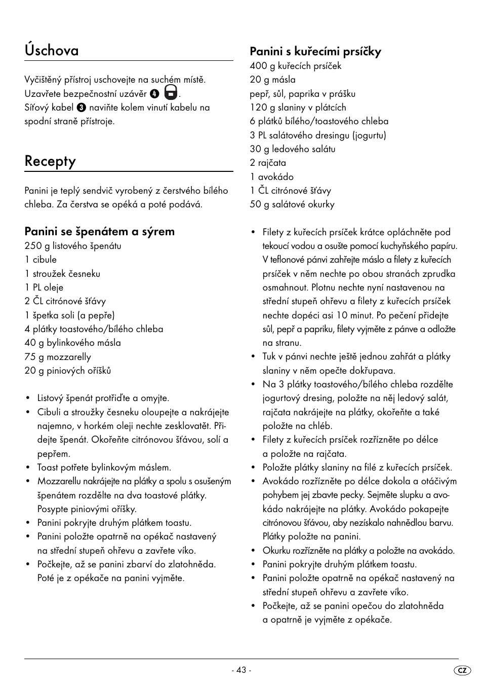 Úschova, Recepty, Panini se špenátem a sýrem | Panini s kuřecími prsíčky | Silvercrest SPM 2000 A2 User Manual | Page 46 / 65