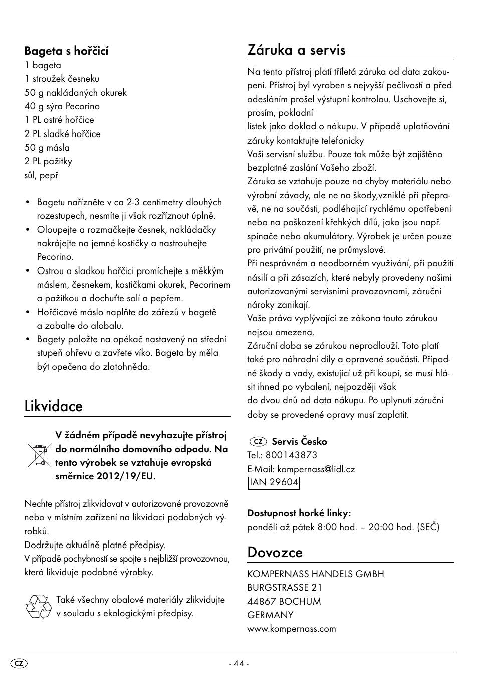 Likvidace, Záruka a servis, Dovozce | Bageta s hořčicí | Silvercrest SPM 2000 A2 User Manual | Page 47 / 65