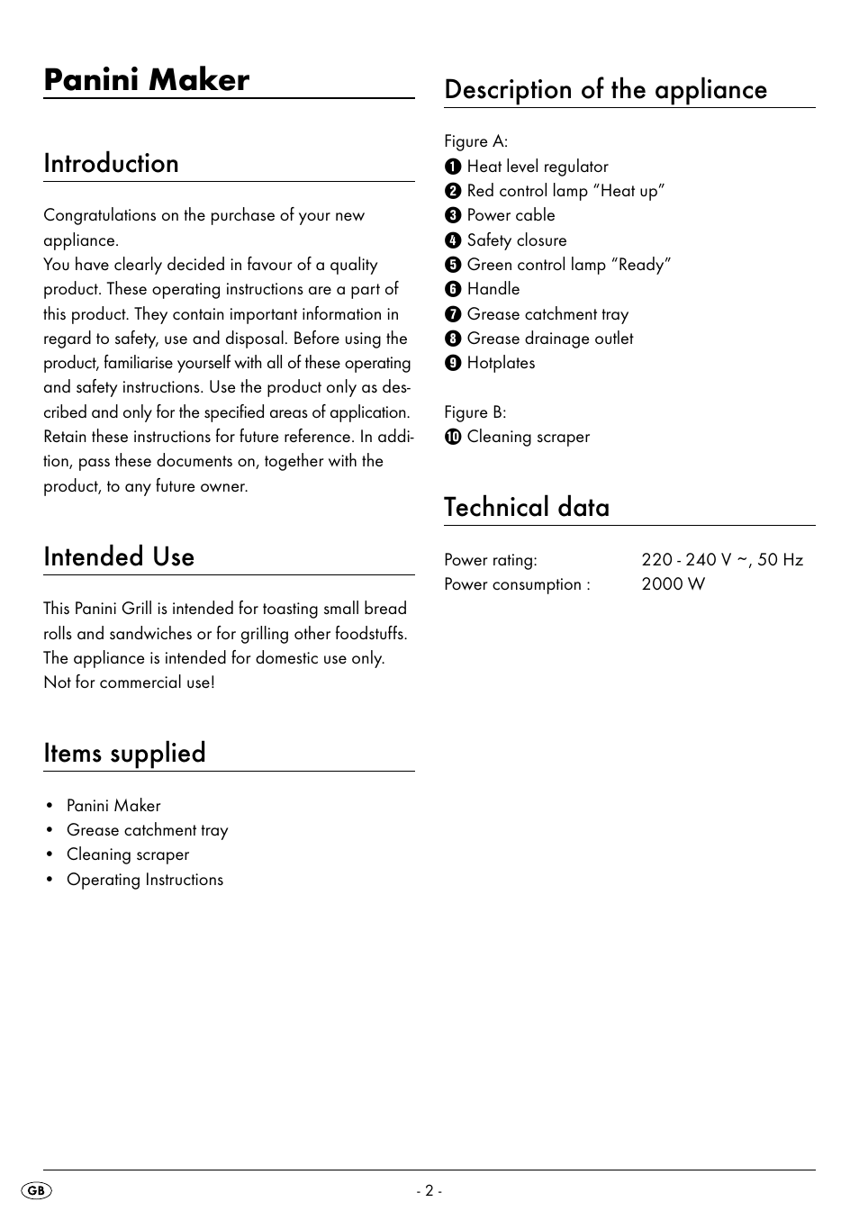 Panini maker, Introduction, Intended use | Items supplied, Description of the appliance, Technical data | Silvercrest SPM 2000 A2 User Manual | Page 5 / 65