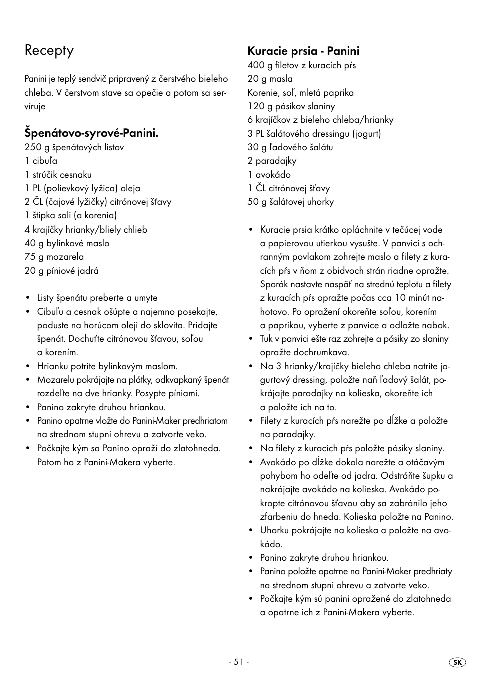 Recepty, Špenátovo-syrové-panini, Kuracie prsia - panini | Silvercrest SPM 2000 A2 User Manual | Page 54 / 65