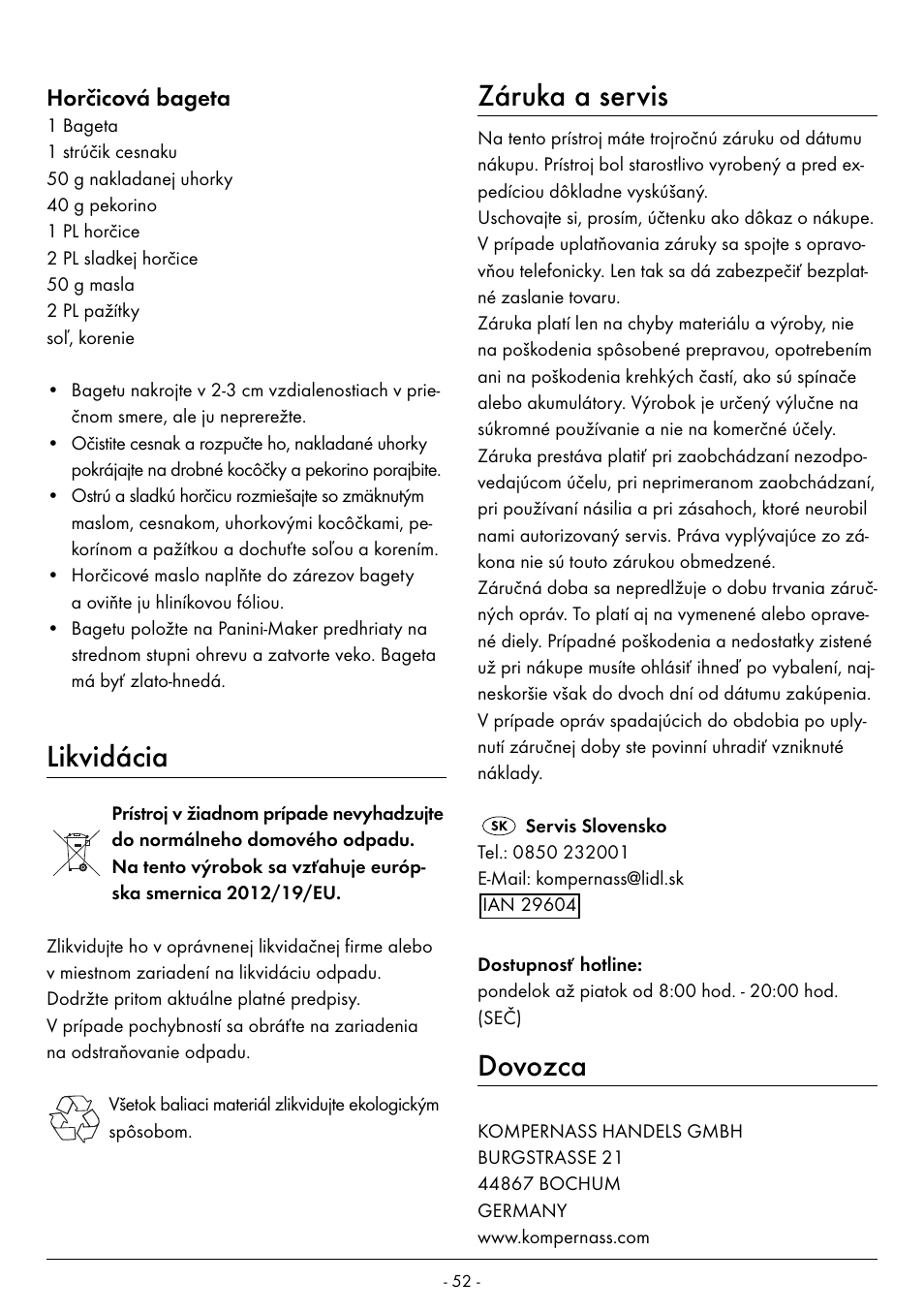 Likvidácia, Záruka a servis, Dovozca | Horčicová bageta | Silvercrest SPM 2000 A2 User Manual | Page 55 / 65