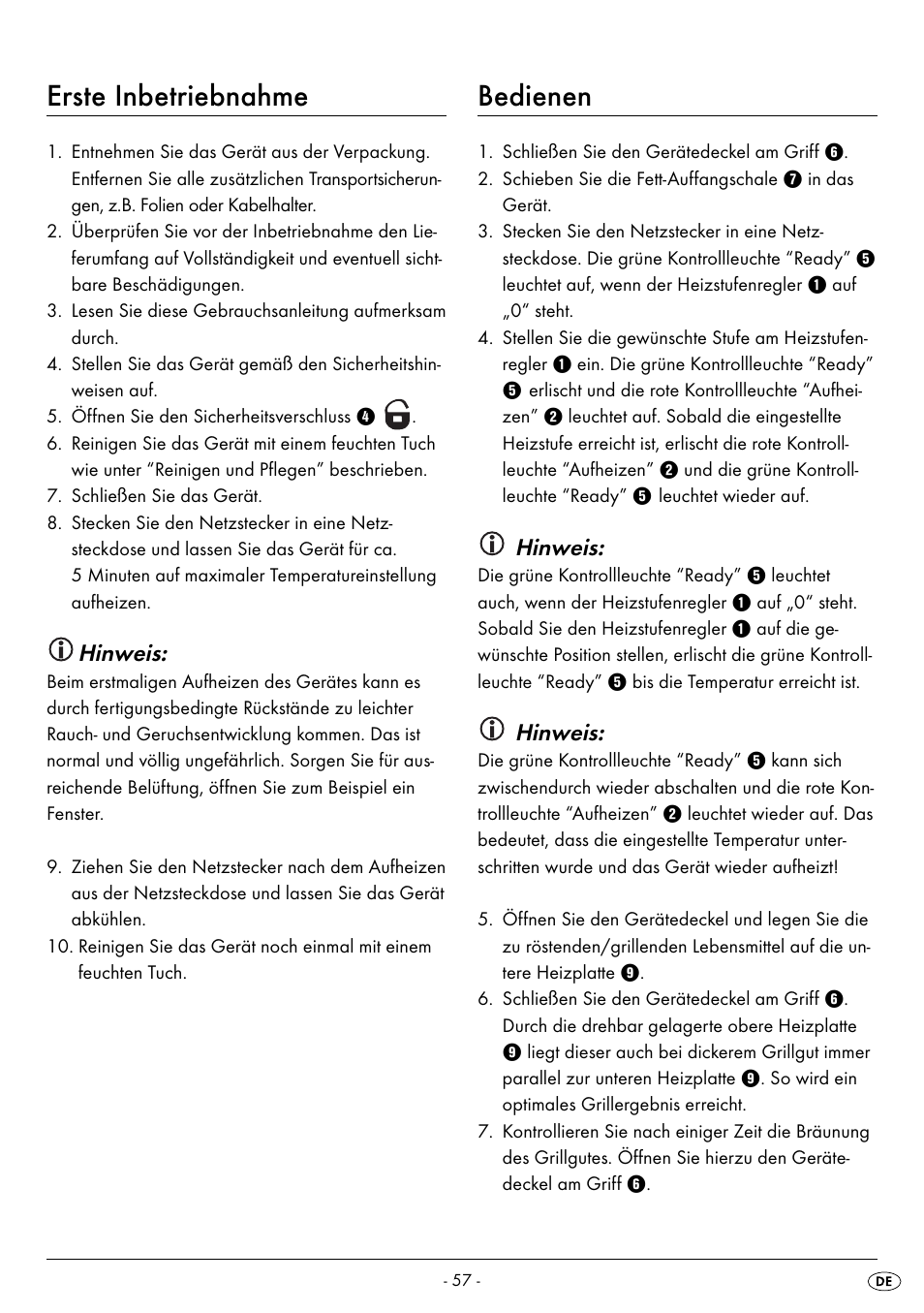 Erste inbetriebnahme, Bedienen, Hinweis | Silvercrest SPM 2000 A2 User Manual | Page 60 / 65