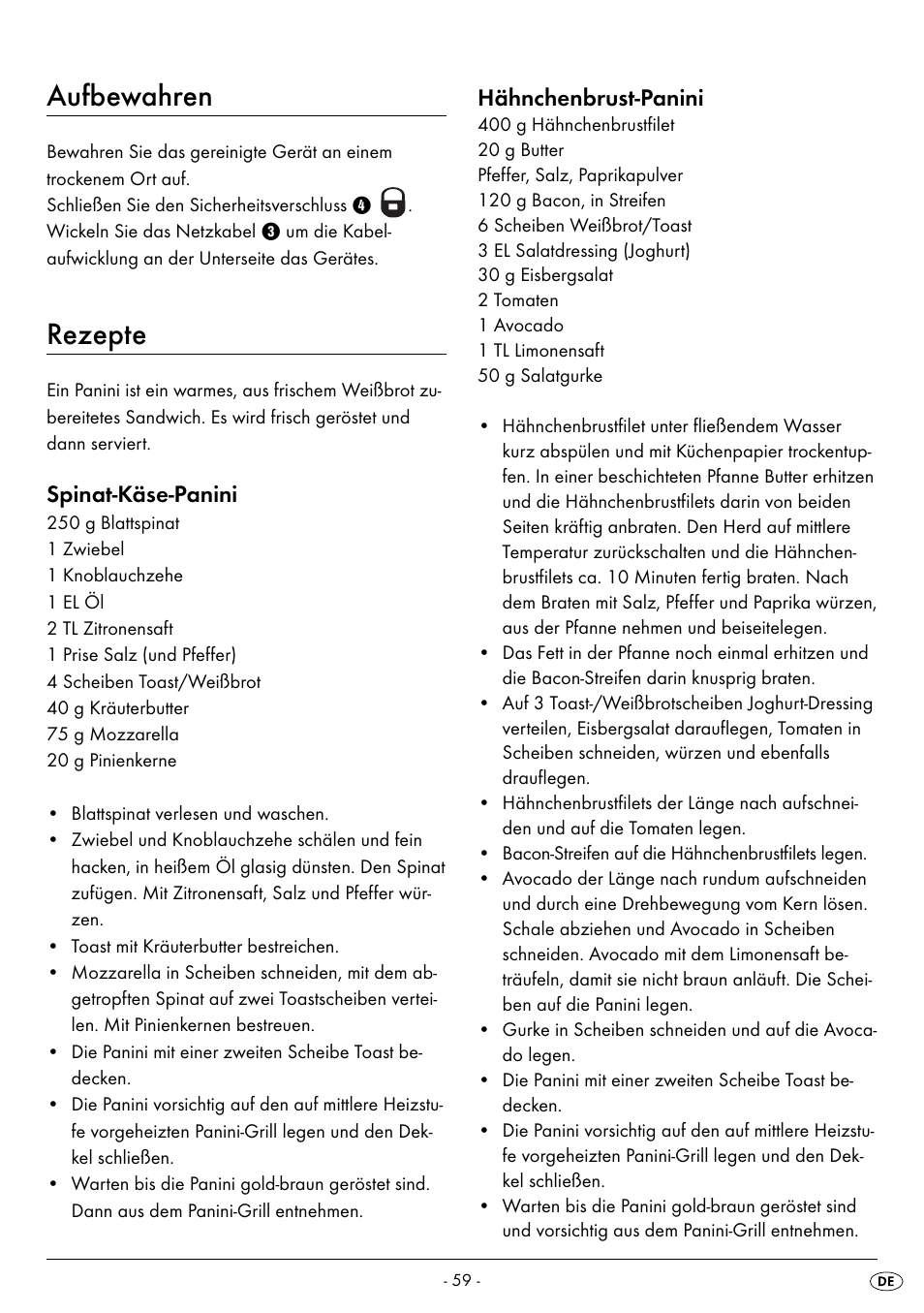 Aufbewahren, Rezepte, Spinat-käse-panini | Hähnchenbrust-panini | Silvercrest SPM 2000 A2 User Manual | Page 62 / 65