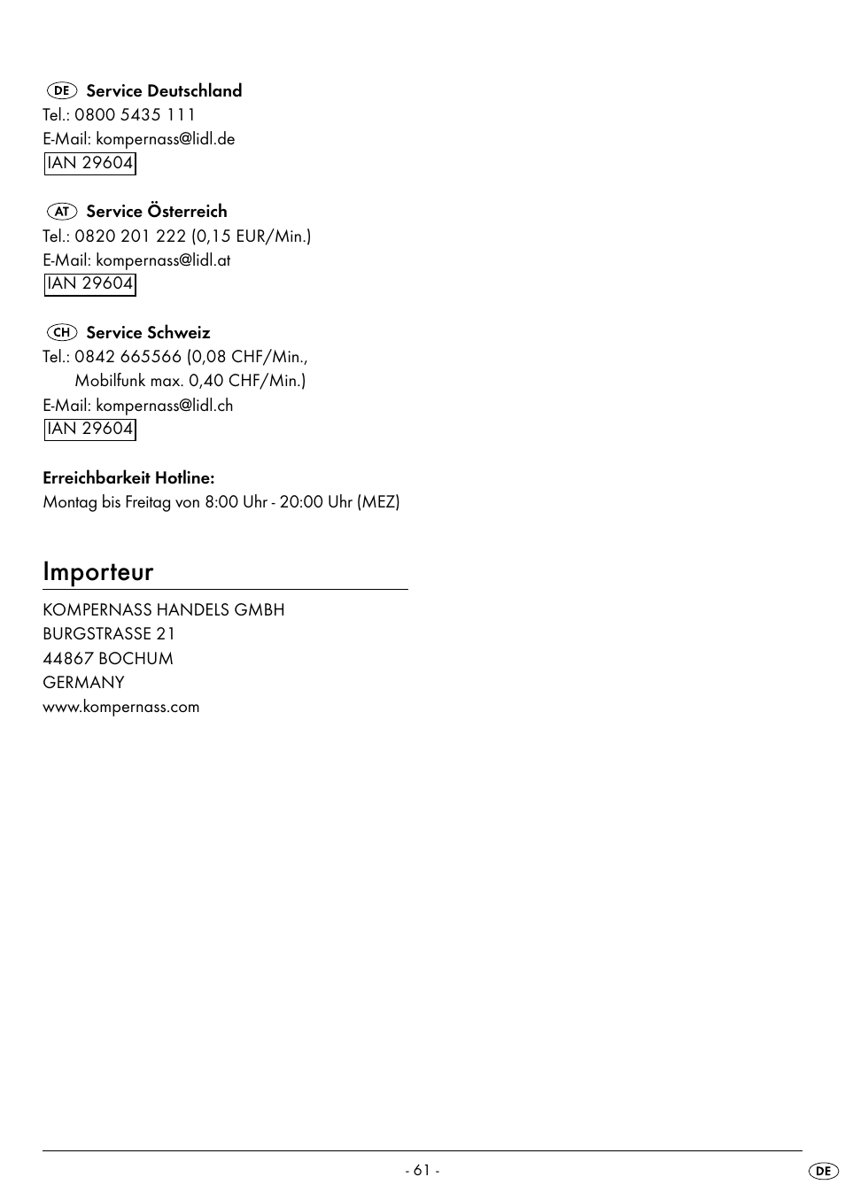 Importeur | Silvercrest SPM 2000 A2 User Manual | Page 64 / 65