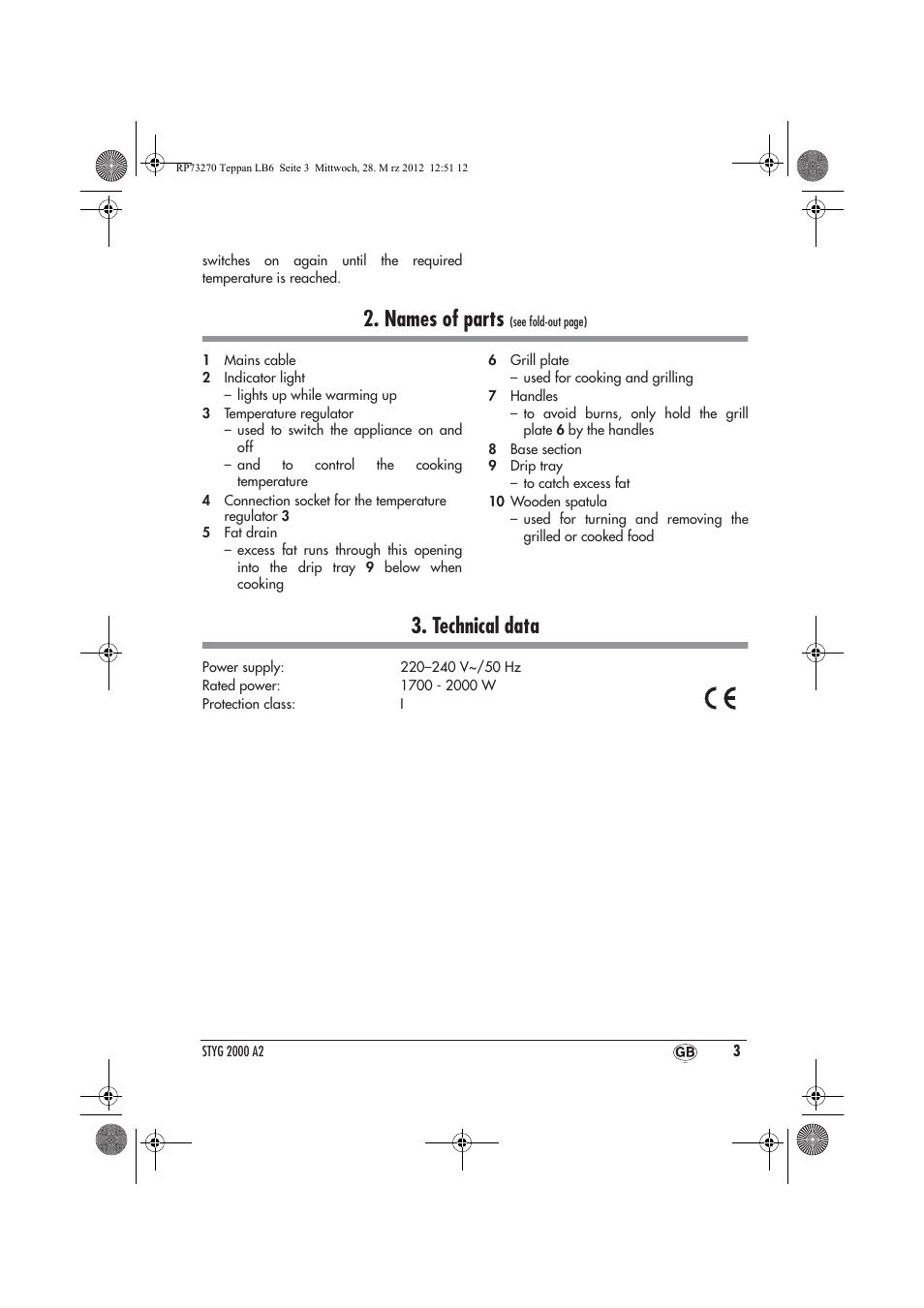 Names of parts, Technical data | Silvercrest STYG 2000 A2 User Manual | Page 5 / 14