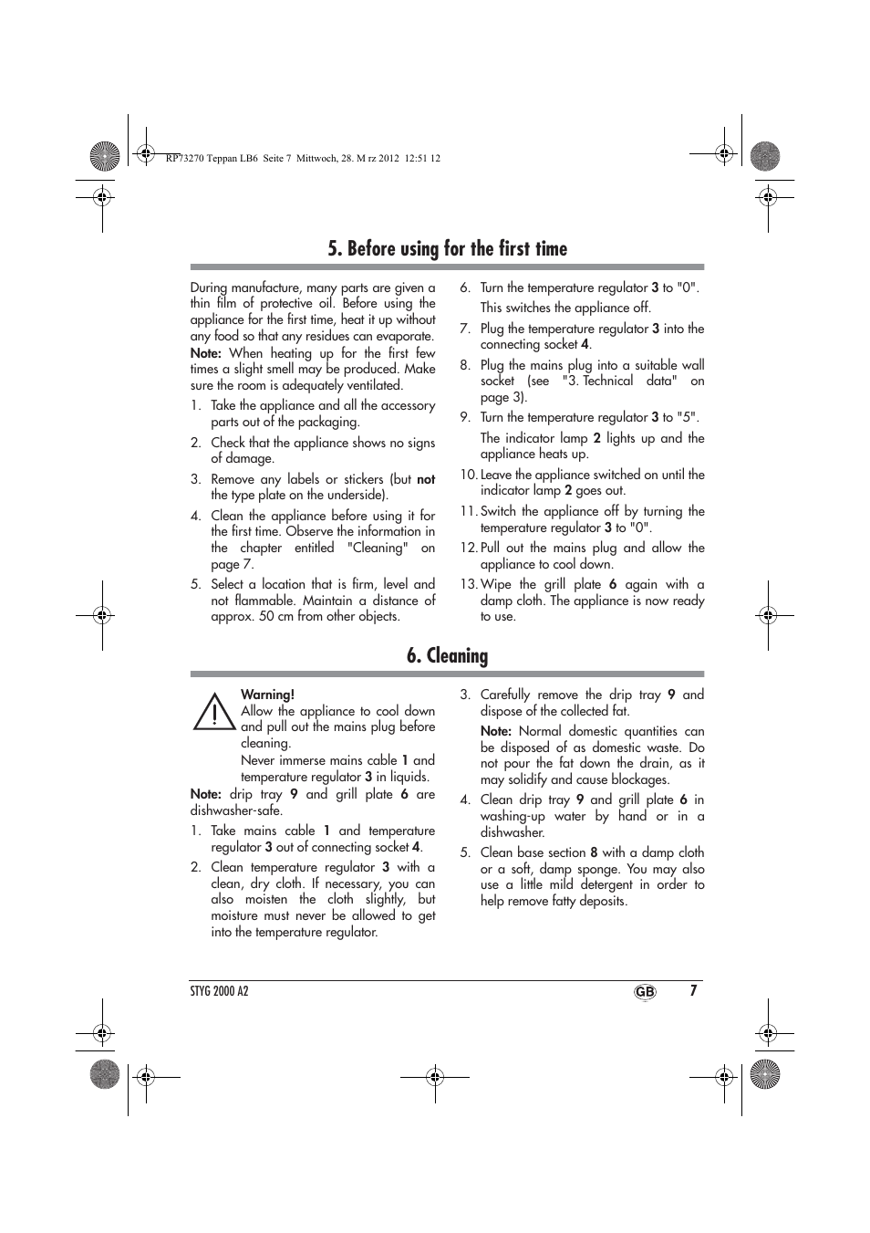 Before using for the ﬁrst time, Cleaning | Silvercrest STYG 2000 A2 User Manual | Page 9 / 14