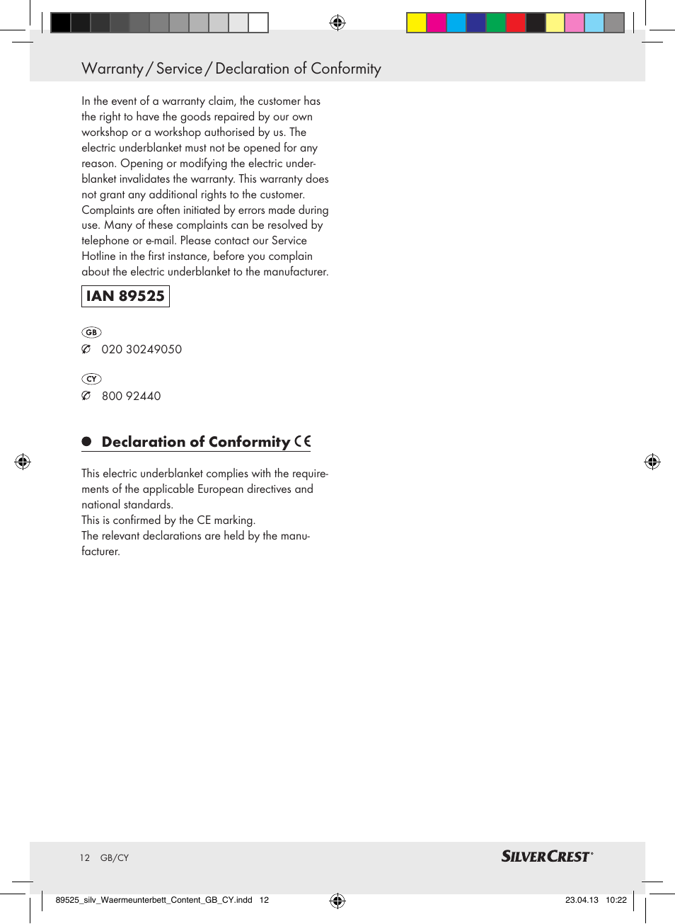 Warranty / service / declaration of conformity, Declaration of conformity | Silvercrest SWUB 85 B2 User Manual | Page 12 / 21