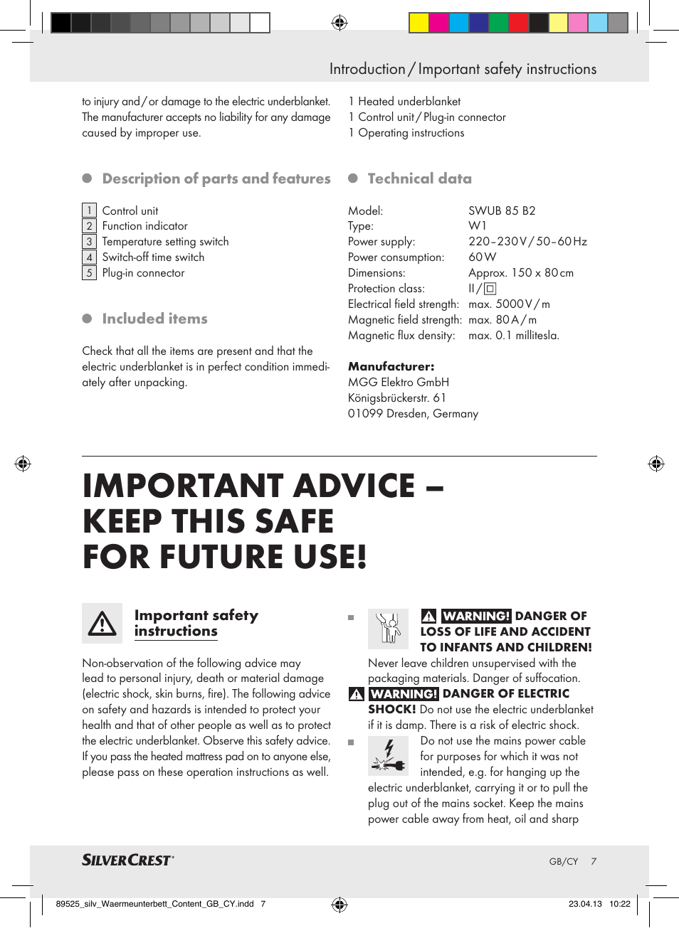 Important advice – keep this safe for future use, Introduction / important safety instructions | Silvercrest SWUB 85 B2 User Manual | Page 7 / 21