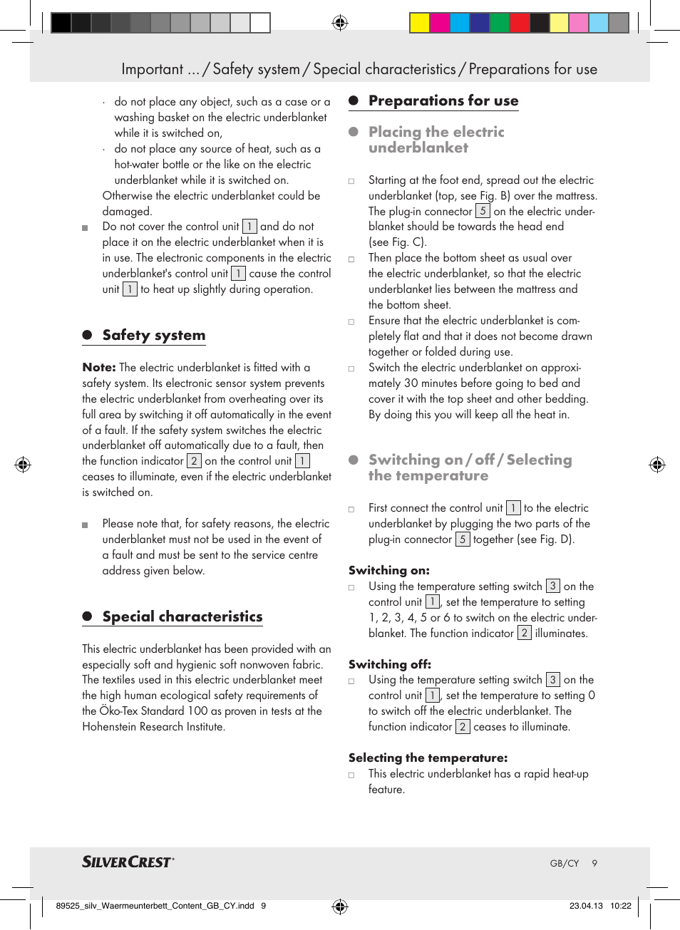 Safety system, Special characteristics, Switching on / off / selecting the temperature | Silvercrest SWUB 85 B2 User Manual | Page 9 / 21