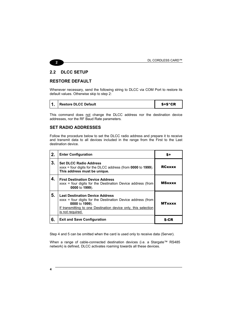 Dlcc setup, Restore default, Set radio addresses | Datalogic Scanning DL Cordless Card DLCC User Manual | Page 18 / 55