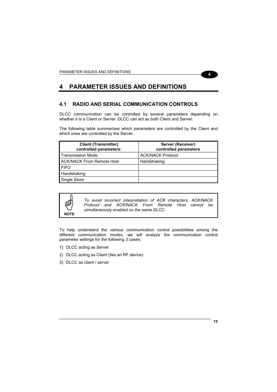 Parameter issues and definitions, Radio and serial communication controls, Chapter 4 | 4 parameter issues and definitions | Datalogic Scanning DL Cordless Card DLCC User Manual | Page 29 / 55