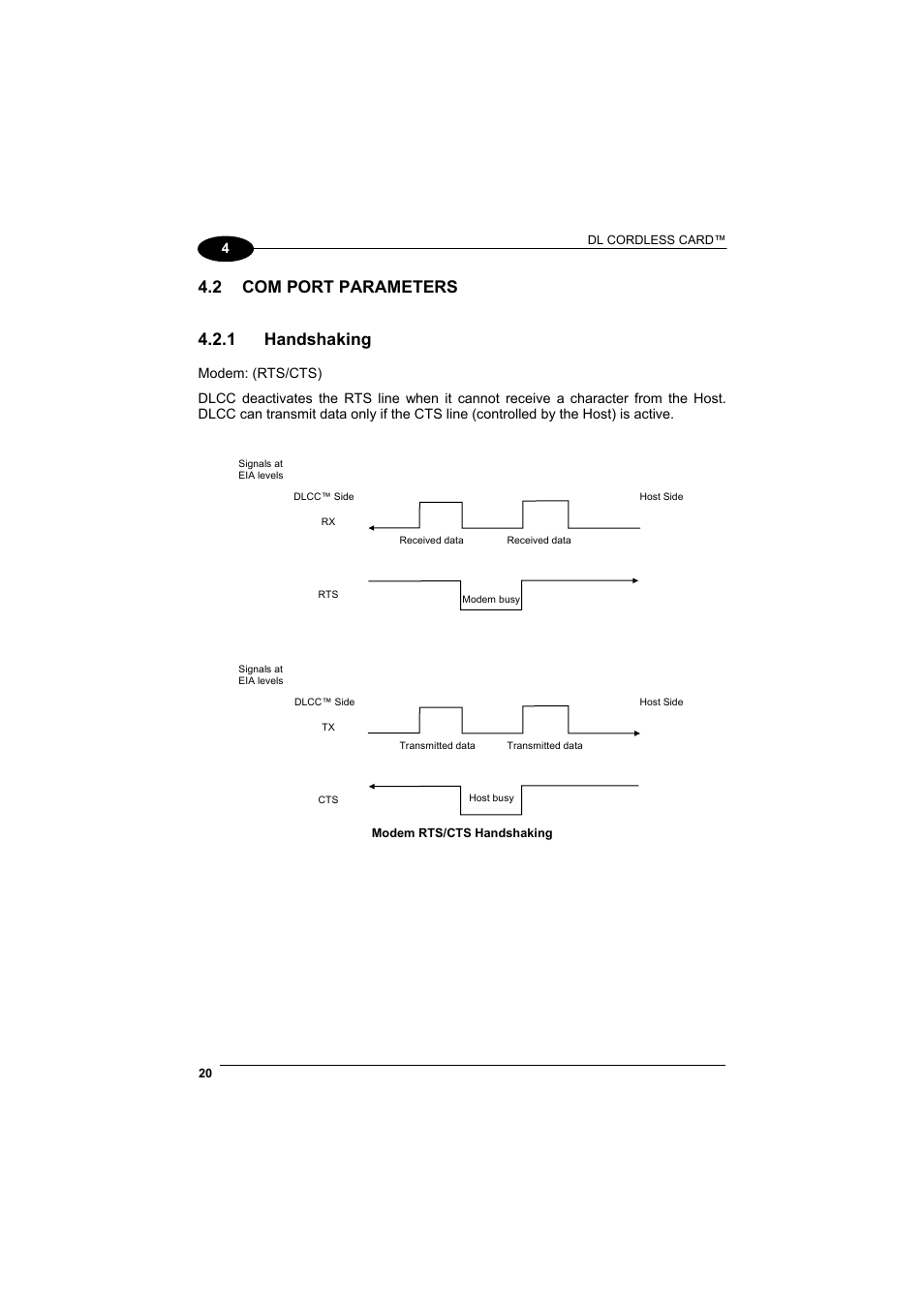Com port parameters, Handshaking, See par. 4.2.1 | 2 com port parameters, 1 handshaking | Datalogic Scanning DL Cordless Card DLCC User Manual | Page 34 / 55
